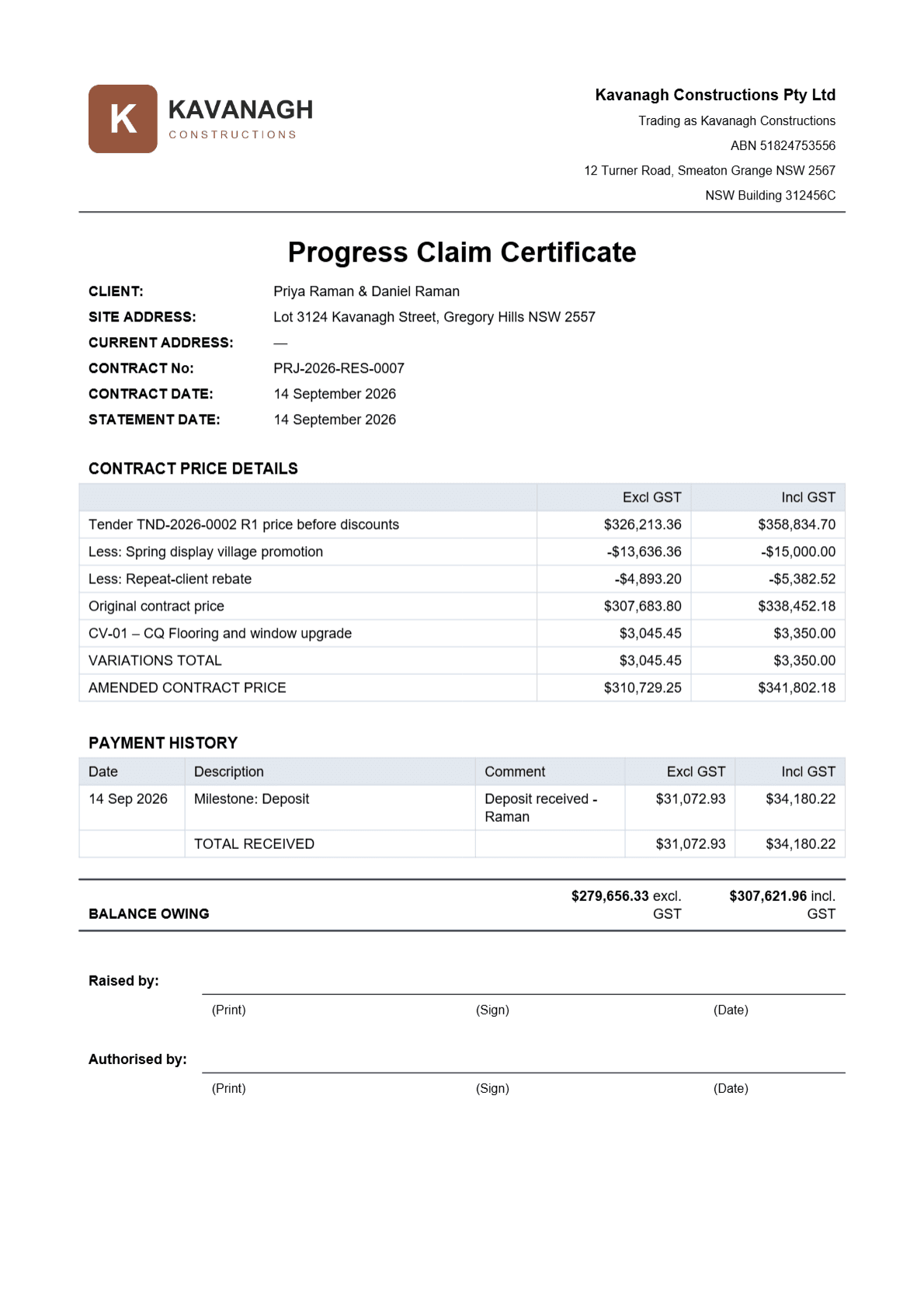 Example Mero Build progress claim certificate PDF